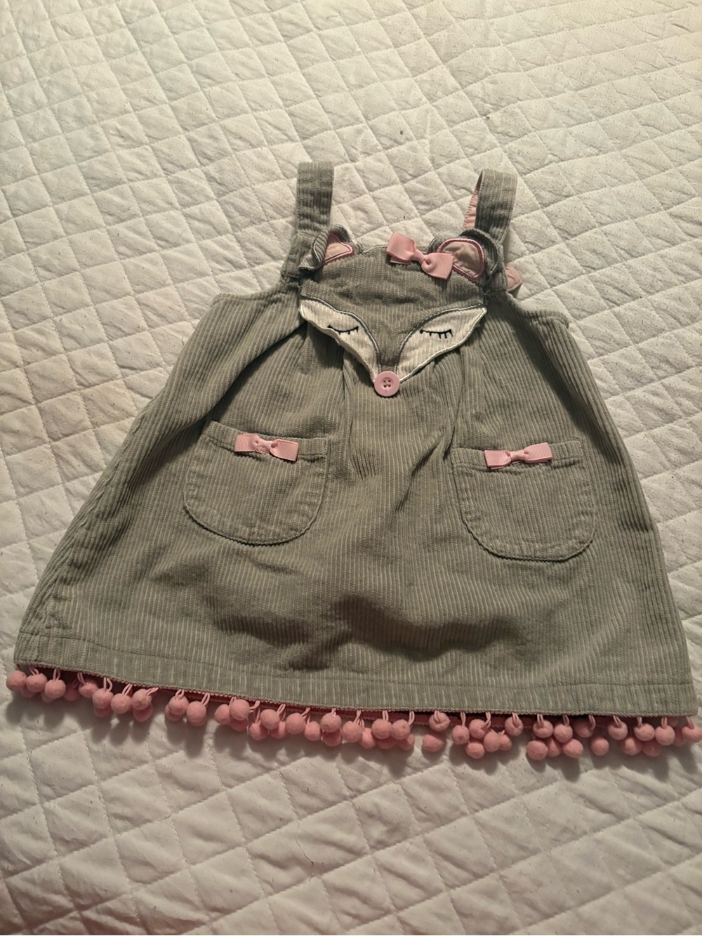 Mud Pie Gray Corduroy Fox Pinafore with Pink Accents